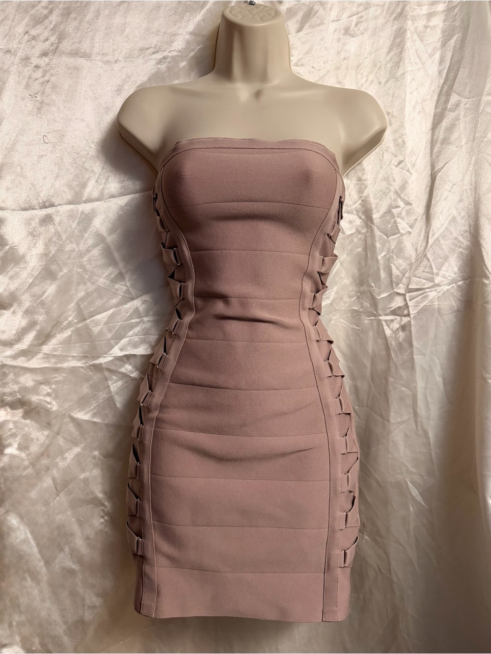 Strapless Mauve Bandage Dress with Side Ladder Cutouts